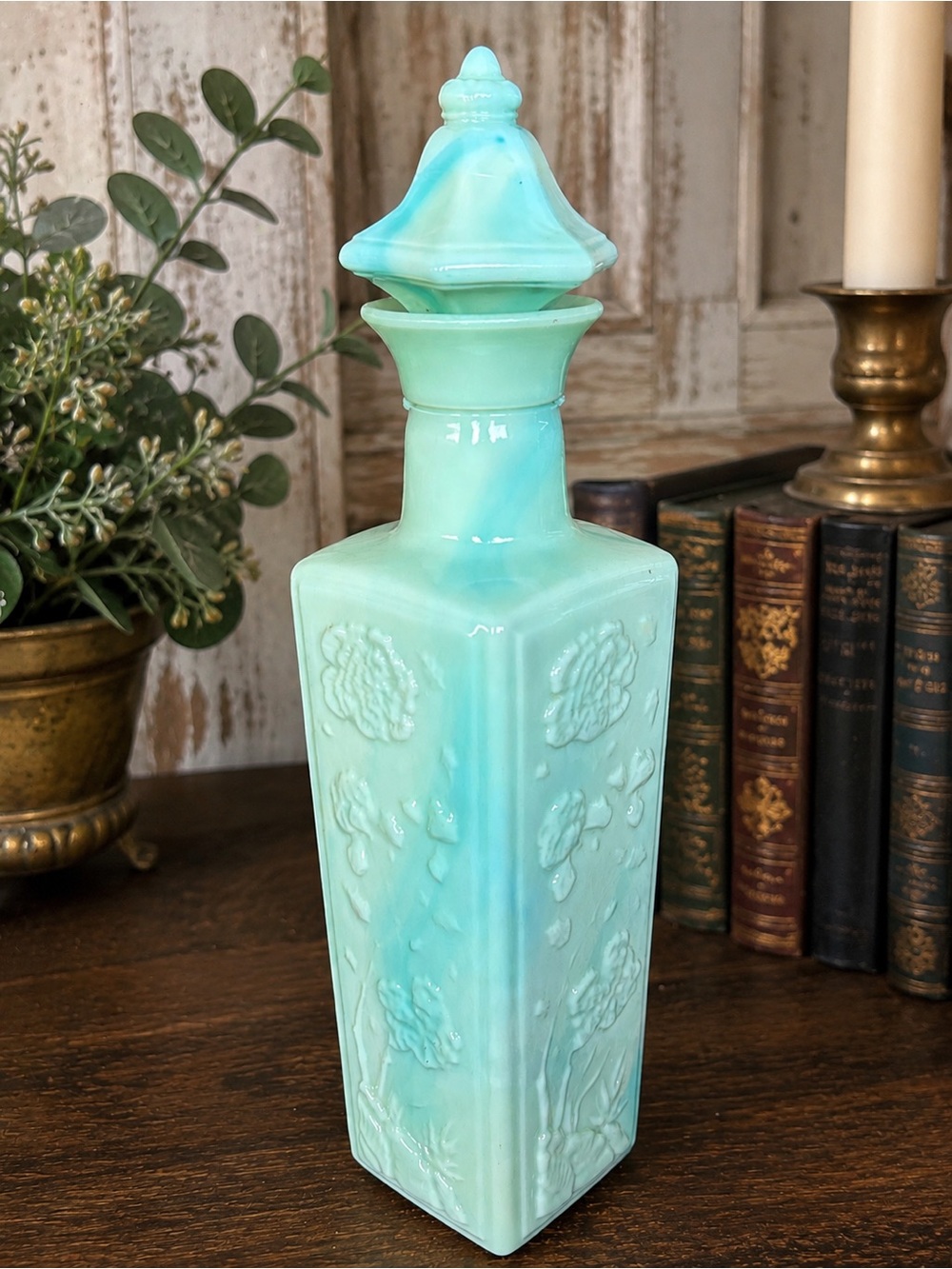 Vintage 1972 Jim Beam Jadeite Green Milk Glass Decanter Bottle Blue Swirl